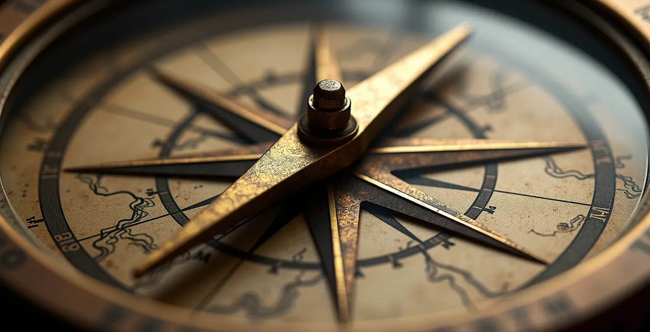 Détail macro d'une boussole avec aiguille pointant dans la bonne direction