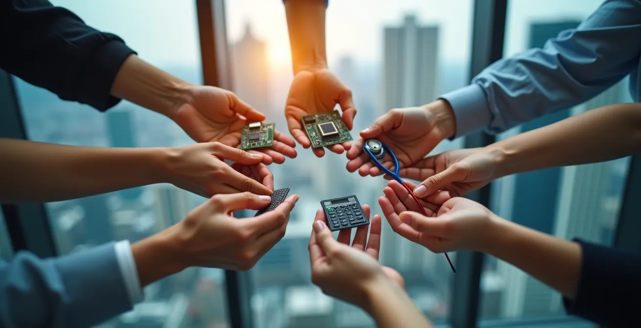 Mains tenant différents objets symbolisant des secteurs professionnels avec arrière-plan urbain flou