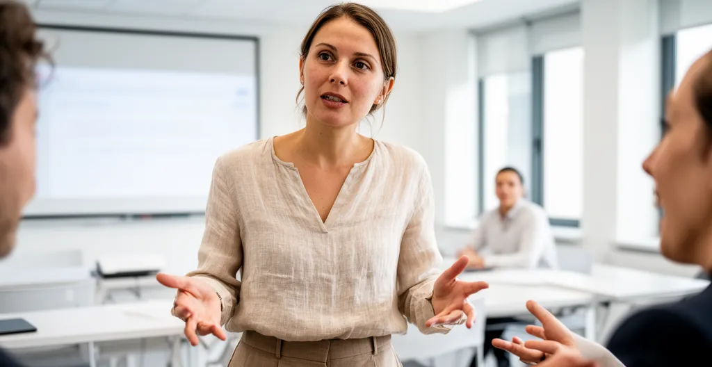 Professionnelle en conversation anglais avec formateur dans centre formation Paris