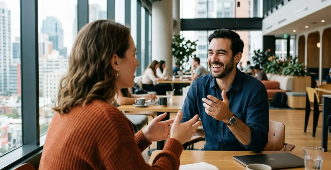 Deux personnes échangent avec animation dans un espace de coworking lumineux, l'une prend des notes sur un carnet