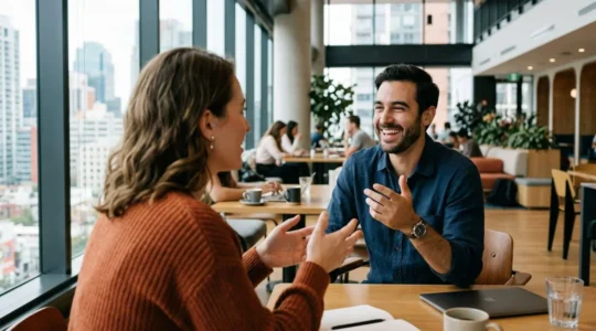 Deux personnes échangent avec animation dans un espace de coworking lumineux, l'une prend des notes sur un carnet