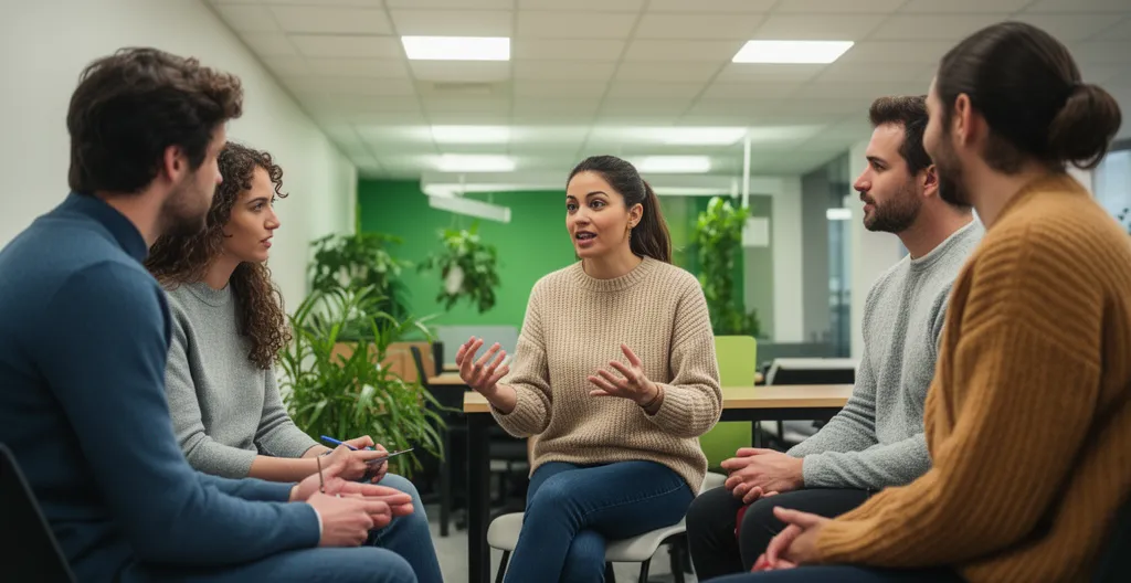 Petit groupe adultes pratiquant conversation anglais centre formation moderne