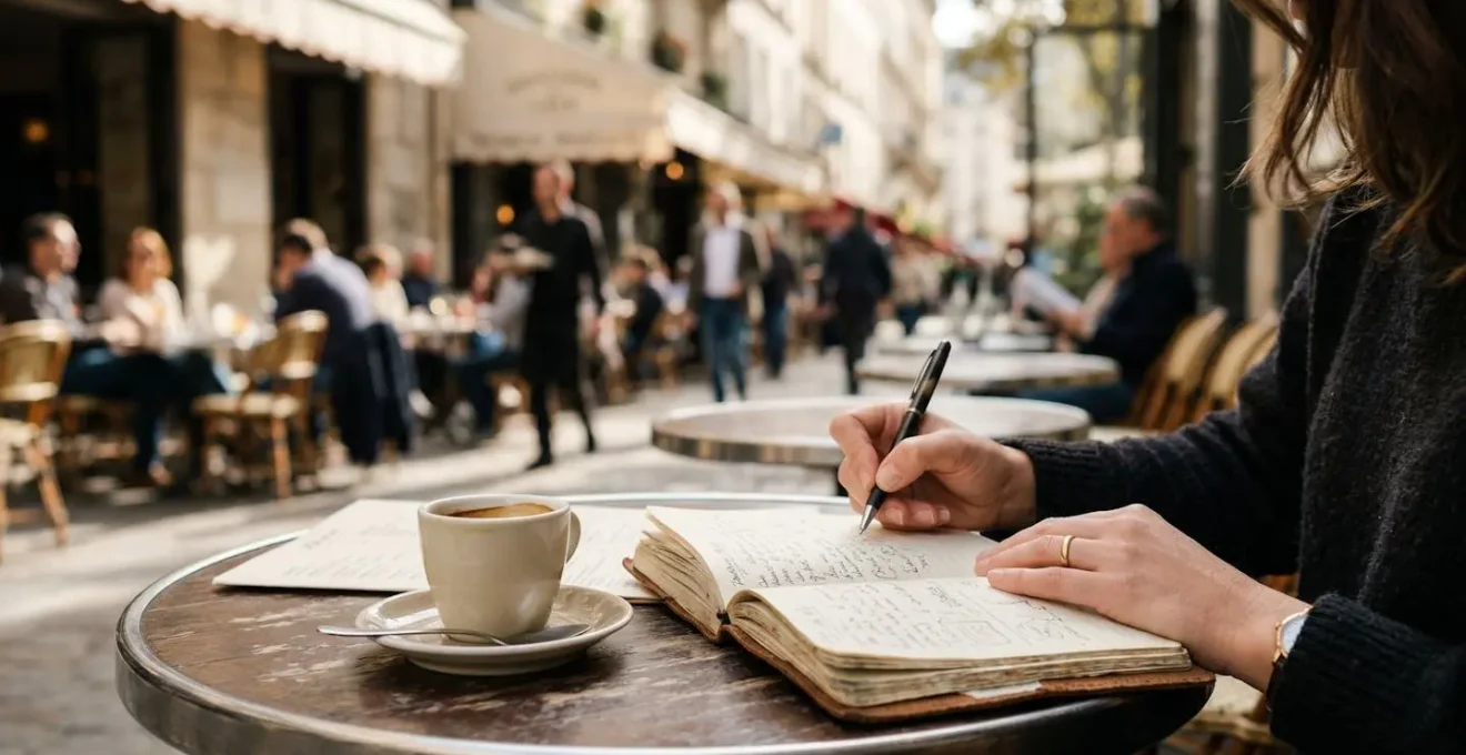 Mains tenant un carnet avec des notes manuscrites, une tasse de café posée sur une table en bois dans un café lumineux