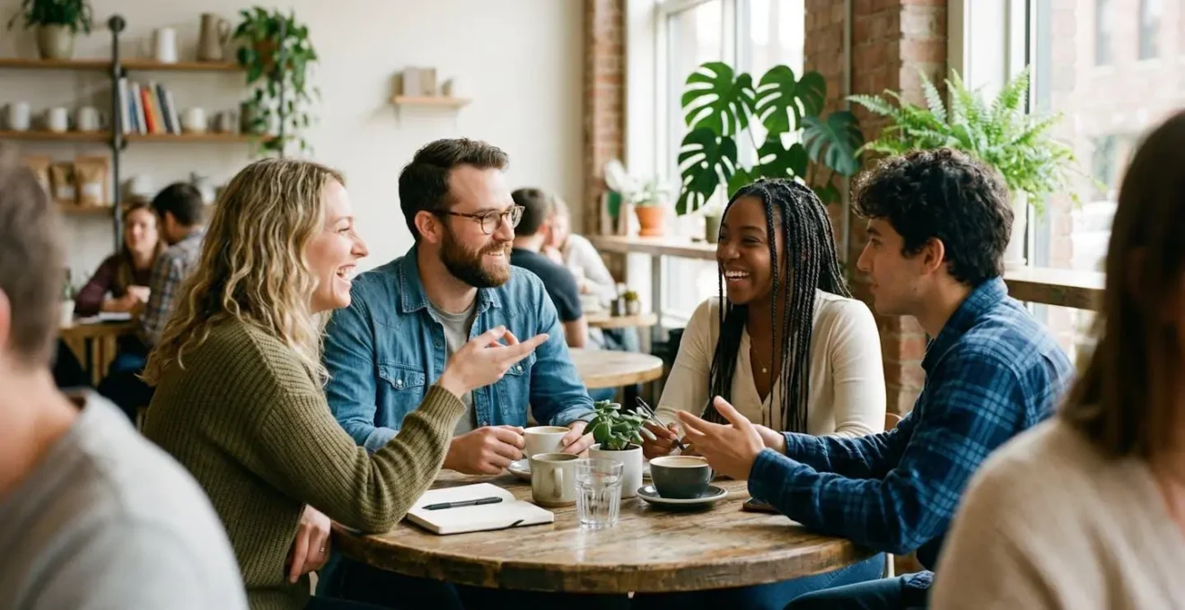 Quatre personnes assises autour d'une table ronde dans un espace moderne, vues de profil, en pleine discussion