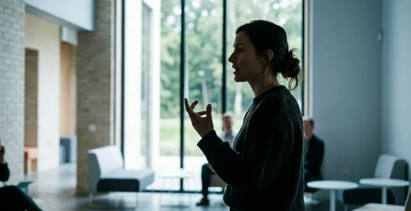 Silhouette de profil d'une personne expliquant quelque chose avec des gestes expressifs dans un espace de formation moderne